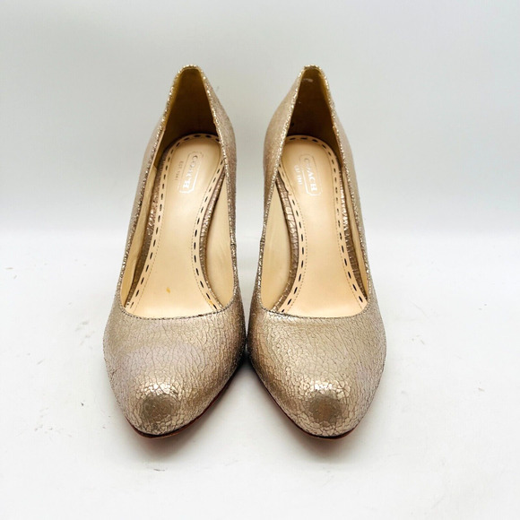 Coach Heels Womens 8 Gold Leather Shoes Stiletto Cocktail Metallic Wedding Pumps - Picture 5 of 11